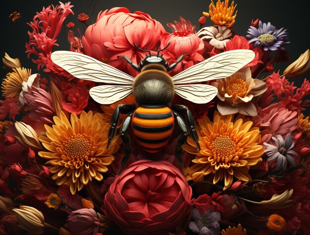 Widok 3d pszczoły z kwiatami