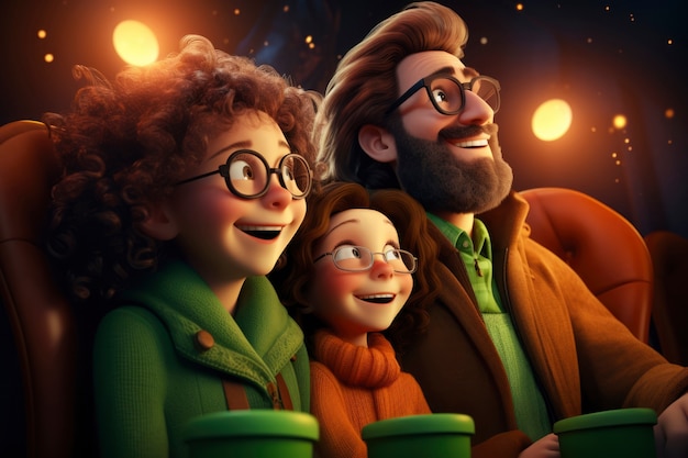Bezpłatne zdjęcie widok 3d szczęśliwej rodziny oglądającej film w kinie