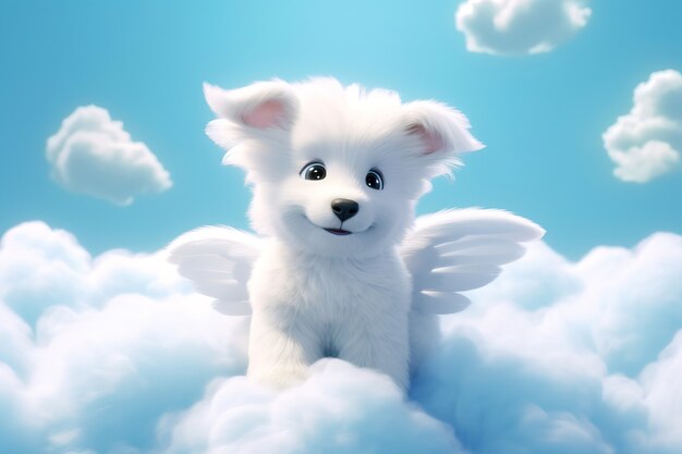 Widok 3d uroczego psa z puszystymi chmurami