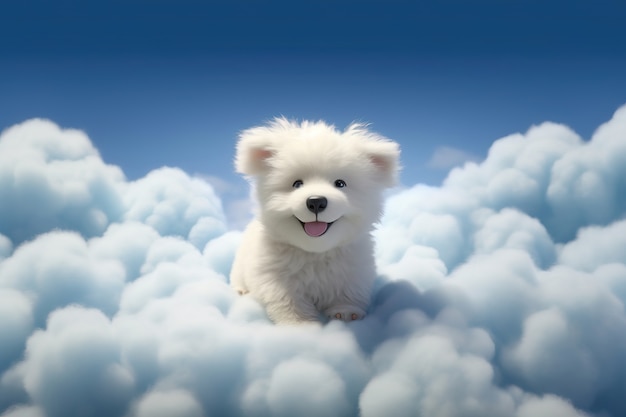 Widok 3d uroczego psa z puszystymi chmurami