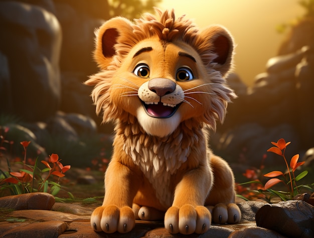 Widok 3D uroczej kreskówki animowanej lwiątko z tłem natury