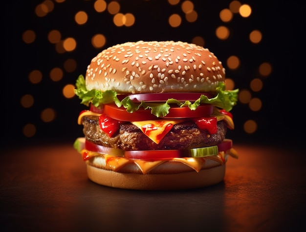 Widok 3D wyśmienicie wyglądającego burgera
