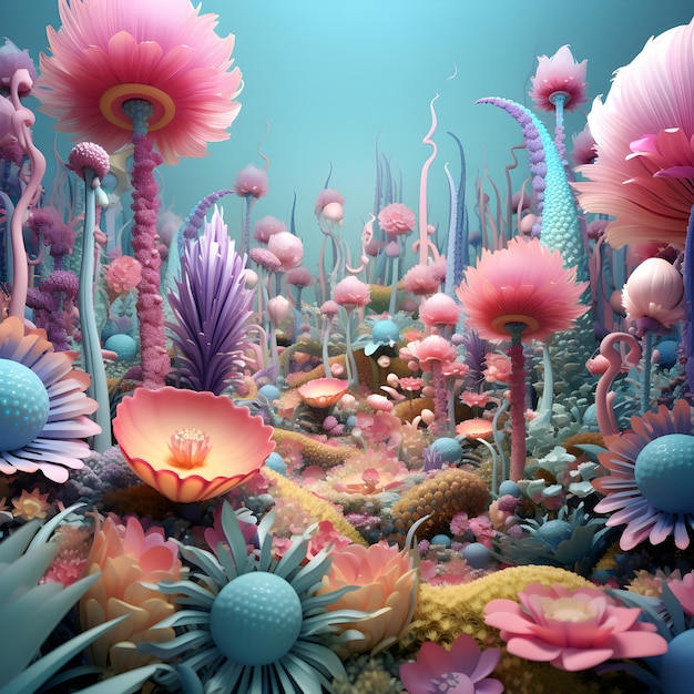Widok abstrakcyjnego 3d mistycznego krajobrazu z kwiatami
