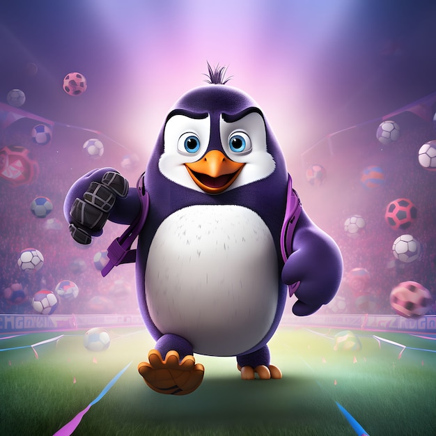 Widok animowanej kreskówki pingwina 3D grającej w piłkę nożną