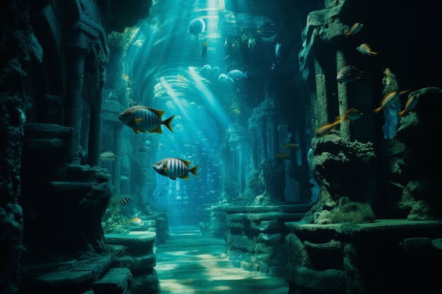 Bezpłatne zdjęcie widok archeologicznych podwodnych ruin budynków z życiem morskim i rybami