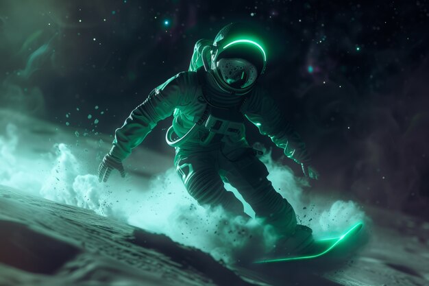 Widok astronauta w garniturze kosmicznym na deskorolce na Księżycu