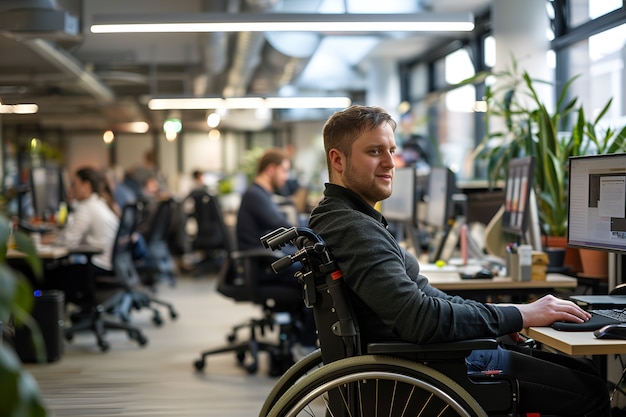 Bezpłatne zdjęcie widok boczny człowieka na wózku inwalidzkim pracującego