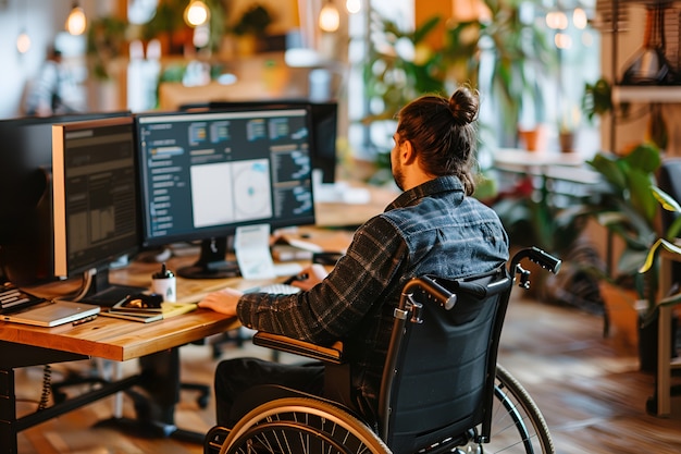 Bezpłatne zdjęcie widok boczny mężczyzna na wózku inwalidzkim w pracy