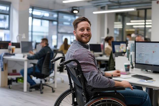 Widok boczny mężczyzna na wózku inwalidzkim w pracy