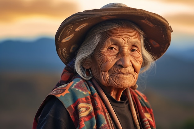 Widok boczny starsza kobieta z silnymi cechami etnicznymi