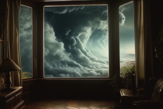 Widok chmur w ciemnym stylu przez okno domu