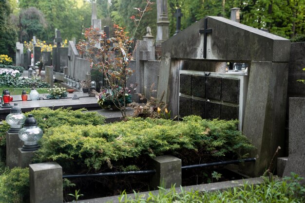 Widok cmentarza z nagrobkami