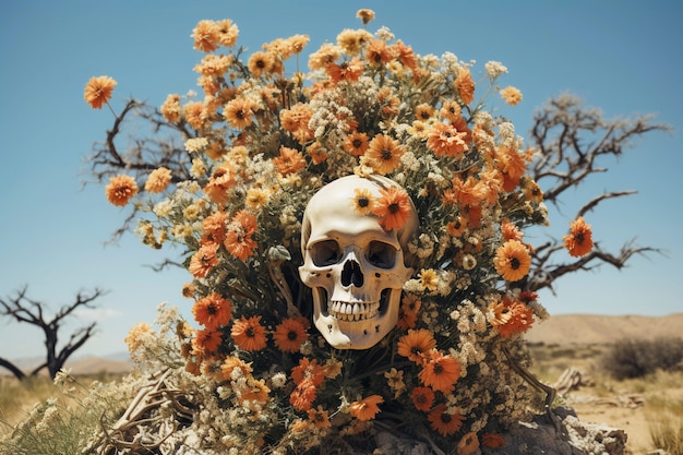 Widok czaszki ludzkiego szkieletu z kwiatami