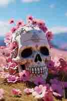 Bezpłatne zdjęcie widok czaszki ludzkiego szkieletu z kwiatami