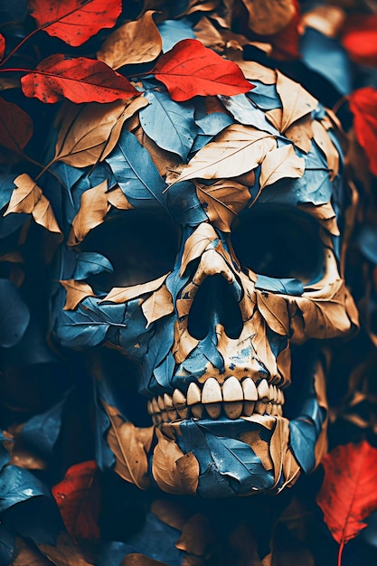 Widok czaszki ludzkiego szkieletu z liśćmi
