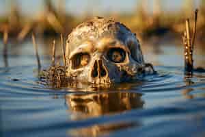 Bezpłatne zdjęcie widok czaszki szkieletu wynurzającej się z wody