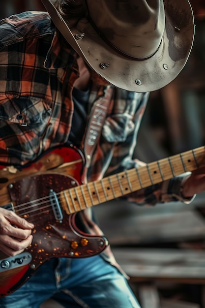 Bezpłatne zdjęcie widok człowieka grającego na gitarze elektrycznej