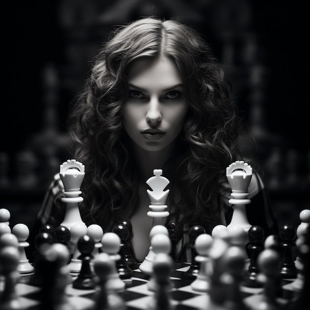 Bezpłatne zdjęcie widok dramatycznych figur szachowych z kobietą