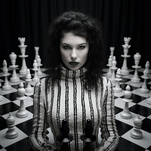 Widok dramatycznych figur szachowych z kobietą
