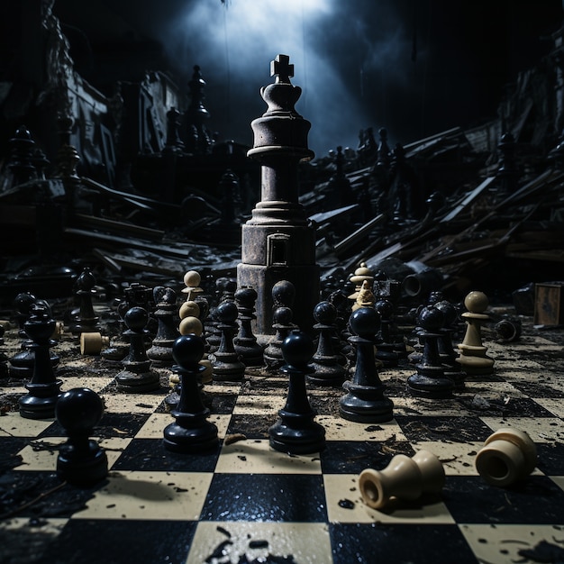 Bezpłatne zdjęcie widok dramatycznych figur szachowych z tajemniczą i mistyczną atmosferą
