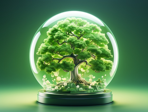 Widok drzewa 3D w przezroczystej szklanej kuli