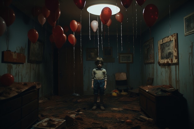 Widok dziecka w ciemnym pokoju z balonami