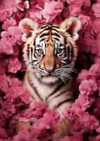 Bezpłatne zdjęcie widok dzikiego tygrysa z kwiatami wiśni