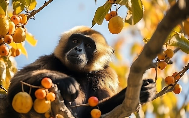 Bezpłatne zdjęcie widok dzikiej małpy gibbona na drzewie