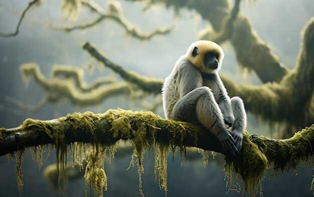 Widok dzikiej małpy gibbona na drzewie