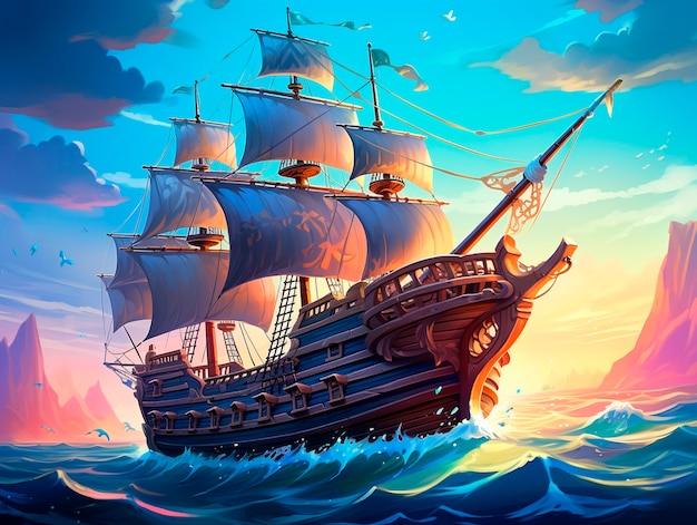Widok fantazyjnego pirackiego statku