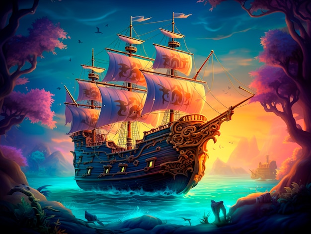 Widok fantazyjnego pirackiego statku