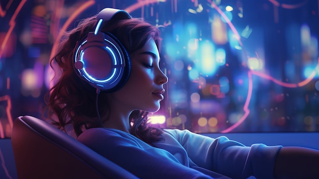 Widok futurystycznej osoby słuchającej muzyki na słuchawkach