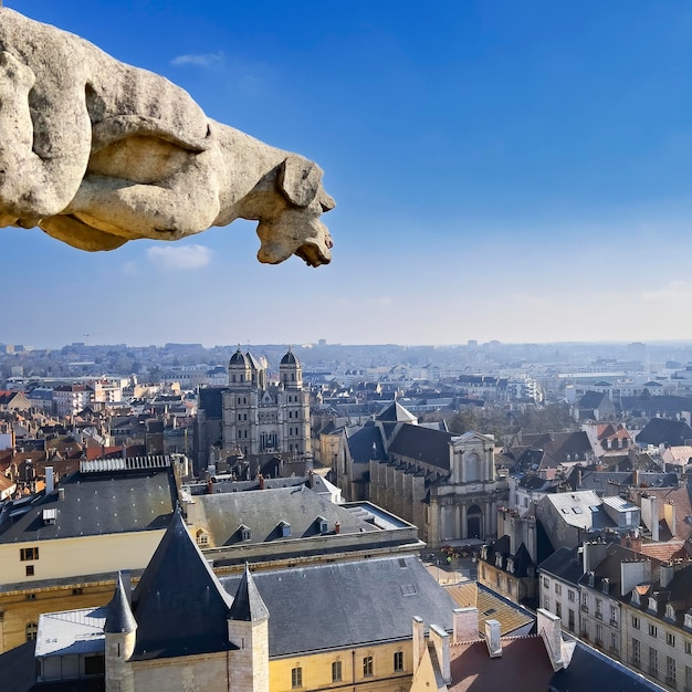 Widok gargulca na szczycie ratusza w Dijon