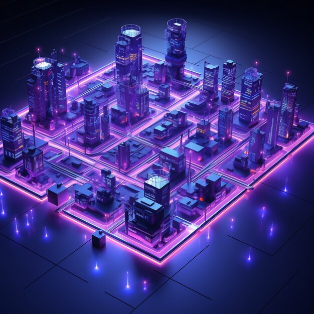 Widok izometryczny na renderowaniu 3d neonowego miasta