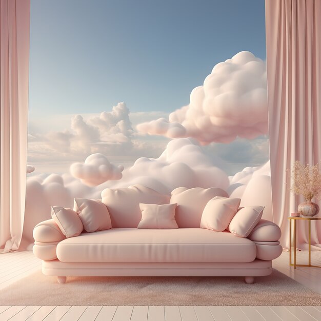 Widok kanapy 3D z puszystymi chmurami