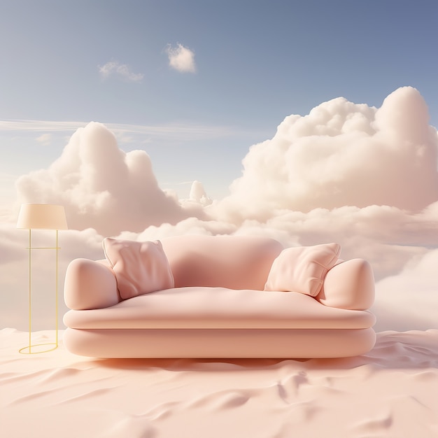 Widok kanapy 3D z puszystymi chmurami