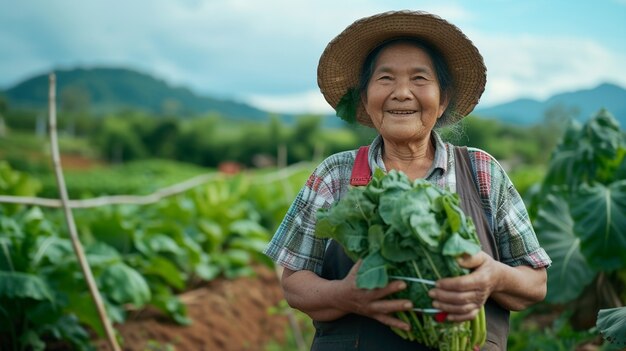 Widok kobiety pracującej w sektorze rolniczym w celu świętowania Dnia Pracy Kobiet.