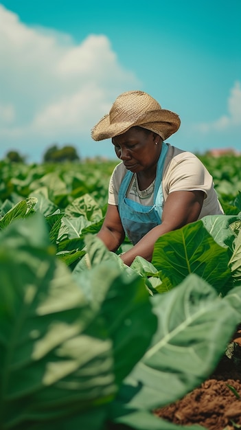Widok kobiety pracującej w sektorze rolniczym w celu świętowania Dnia Pracy Kobiet.