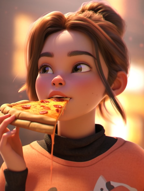Bezpłatne zdjęcie widok kobiety z kreskówki cieszącej się pizzą 3d