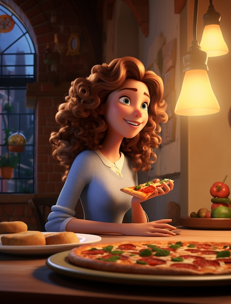 Widok kobiety z kreskówki z pyszną pizzą 3D