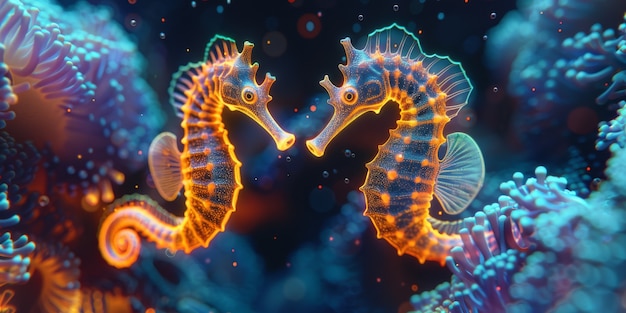 Widok kolorowych jasnych neonowych świateł konik morski zwierzę