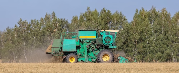 Widok kombajnu tnącego pszenicę i zbierającego ziarno