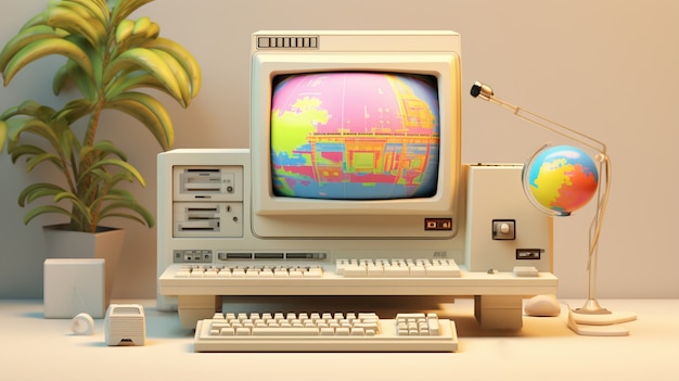 Bezpłatne zdjęcie widok komputera wyglądającego retro na stacji roboczej na biurku