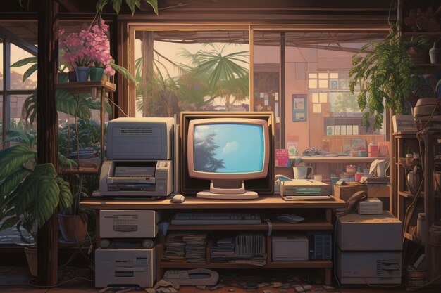 Widok komputera wyglądającego retro na stacji roboczej na biurku