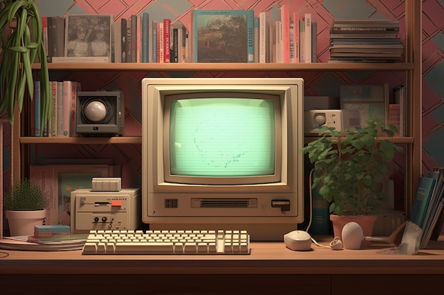 Bezpłatne zdjęcie widok komputera wyglądającego retro na stacji roboczej na biurku