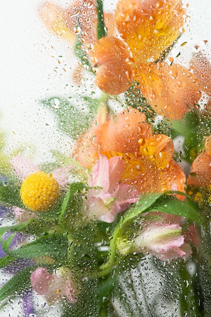 Widok kwiatów przez skondensowane szkło