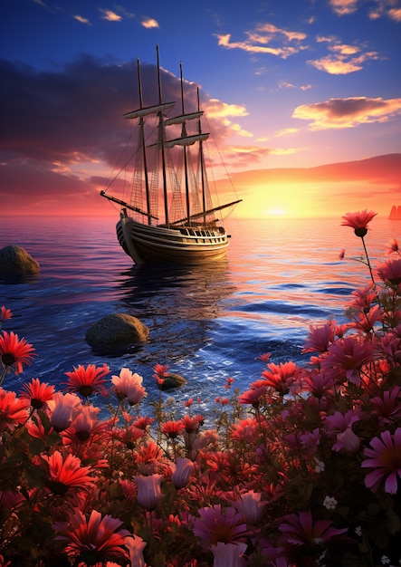 Widok łodzi na wodzie z kwiatami