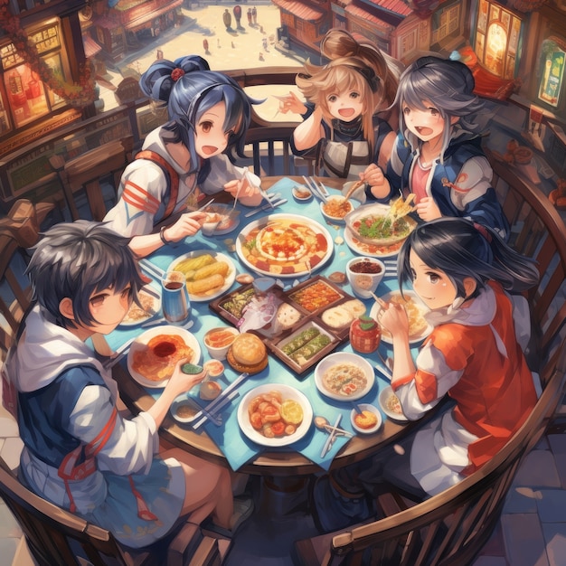 Widok ludzi cieszących się pysznym jedzeniem na kolacji w stylu anime
