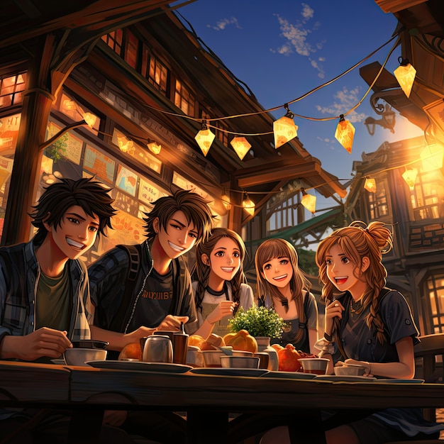 Bezpłatne zdjęcie widok ludzi cieszących się pysznym jedzeniem na kolacji w stylu anime