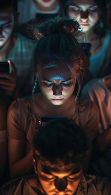 Widok ludzi uzależnionych od smartfonów patrzących i przewijających się przez ekrany